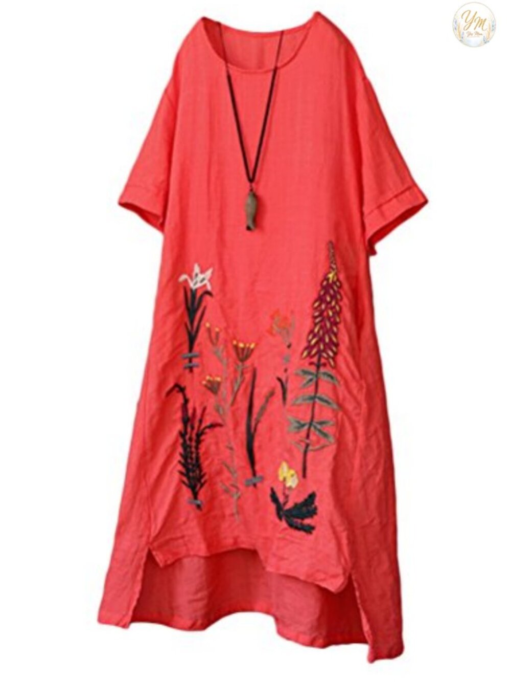 Linen Embroidered Tunic Sundress A-Line Midi Dress with Pockets